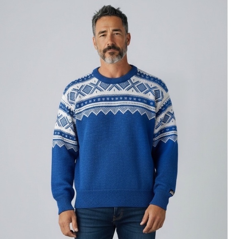 Meister Marius 9217 Mens Nordic Knit Sweater Blue White Wool Blend Medium NWT